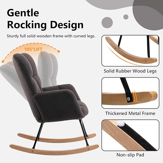 NIOIIKIT Nursery Rocking Chair Teddy Upholstered Glider Rocker Rocking Accent Chair Padded Seat with High Backrest Armchair Comfy Side Chair for Living Room Bedroom Offices (Dark Grey)