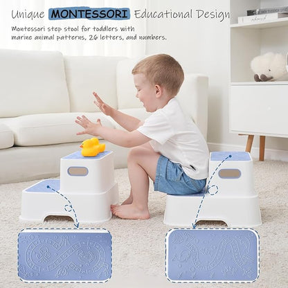 Blue Toddler Step Stool for Bathroom Sink, 2 Step Stool for Kids Kitchen Sink, Heavy Duty Stepping Stool for Toddlers Toilet Potty Training (2 Pack, White-Blue)