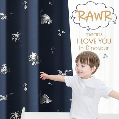 Vangao Kids Curtains Navy Blue Blackout Dinosaur Curtains for Boys Kids Nursery Girls Room Silver Dino Foil Print Thermal Insulated Drapes Grommet Top Window Treatments 84 Inches Length 2 Panels