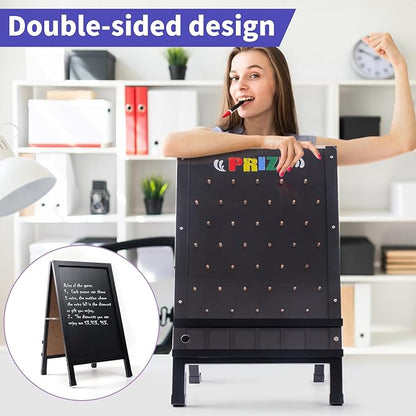 Prize Drop Game Board, 15.7"X27.5" Double-Sided Foldable Design with Wooden A-Frame Chalkboard Sign for Family, Carnival, Trade Show & Party-Includes 10 Coin Drop Discs and Chalk Set, Portable Design