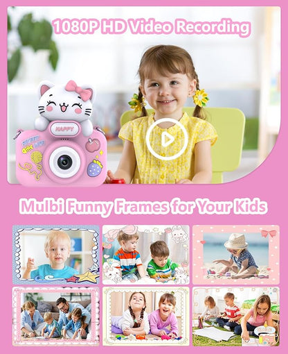 Video Kids Camcocrder, Kids Boys Digital Toddler Camera for 3 4 5 6 7 8 Years Old Birthday Gifts, 1080P Video Camera with Cute Protective Cover & 16GB TF Card, Pink