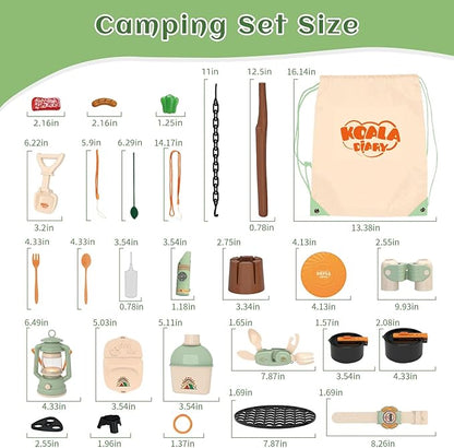 Kids Camping Toys Set - Pretend Play Camping Set with Food Toy, Spray Stove, Oil Lantern, Binoculars, Compass, Tableware, Watch & Storage Bag, Birthday for Ages 3+