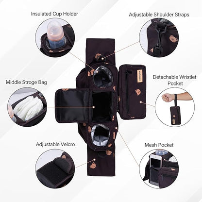 Universal Stroller Organizer with Cup Holders, Detachable Wristlet | Fits All Strollers | Stroller Diaper Bag Organizer with Phone Pocket, Insulated Bottle Holder & Storage Compartments