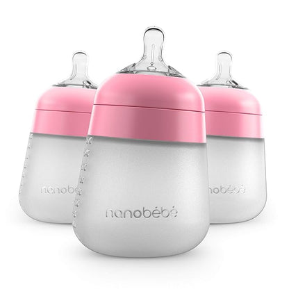 Nanobebe Flexy Silicone Baby Bottle, Anti-Colic, Natural Feel, Non-Collapsing Nipple, Non-Tip Stable Base, Easy to Clean, 3-Pack, Pink, 9oz