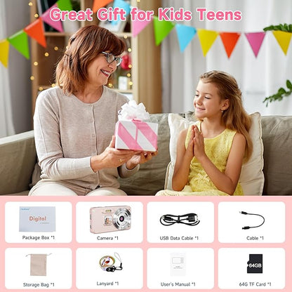 Digital Camera, Autofocus 4K 64MP Point and Shoot Digital Cameras for Teens with 64GB Card, 18X Zoom Anti-Shake Compact Video Camera for Student Kids Boys Girls Beginner - Pink