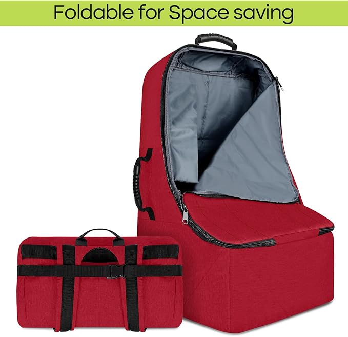 Padded Car Seat Travel Bag for Airplane, Heavy Duty Backpack for Air Travel, Water-Resistant Carrier with Shoulder Strap, Fits Most Car Seats (Red)
