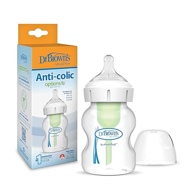 Dr. Brown's Natural Flow Anti-Colic Options+Wide-Neck Baby Bottle, 5 oz/150 mL, Level 1 Nipple, 1-Pack, 0m+