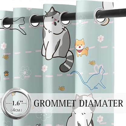 Cartoon Cat Blackout Curtains for Girls Room - Grommets Top, Animal Themed, Thermal Insulated Panels for Bedroom, Nursery Decor, 82 in x 84 in