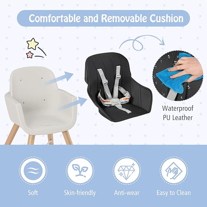 BABY JOY Baby High Chair, 3-in-1 Convertible Wooden Highchair for Babies & Toddlers, Infant Feeding Chair w/ 5-Point Safety Harness, Footrest, Adjustable Legs, Removable Tray & PU Cushion (Black)