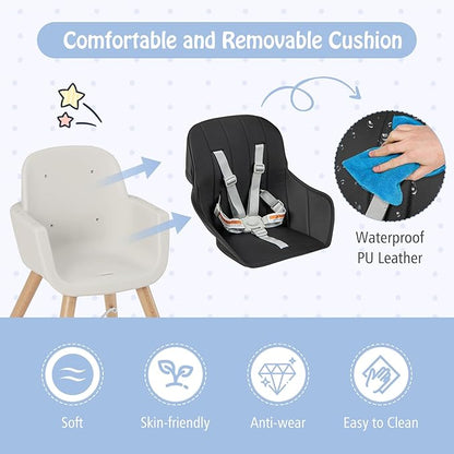 BABY JOY Baby High Chair, 3-in-1 Convertible Wooden Highchair for Babies & Toddlers, Infant Feeding Chair w/ 5-Point Safety Harness, Footrest, Adjustable Legs, Removable Tray & PU Cushion (Black)