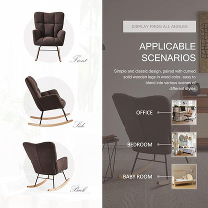 Nursery Rocking Chair, Teddy Upholstered Glider Rocker with High Backrest Armchair, Modern Rocking Accent Chairs for Nursery, Living Room, Bedroom, Offices (Brown)