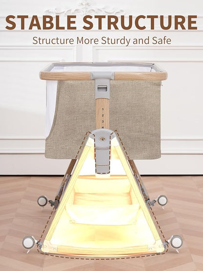 Baby Bassinet, Bassinet Bedside Sleeper with Waterproof Bassinet Sheets and Soft Mattress, Safe Adjustable Height Bedside Bassinets with Wheels, Girl/Boy Bassinets, Khaki