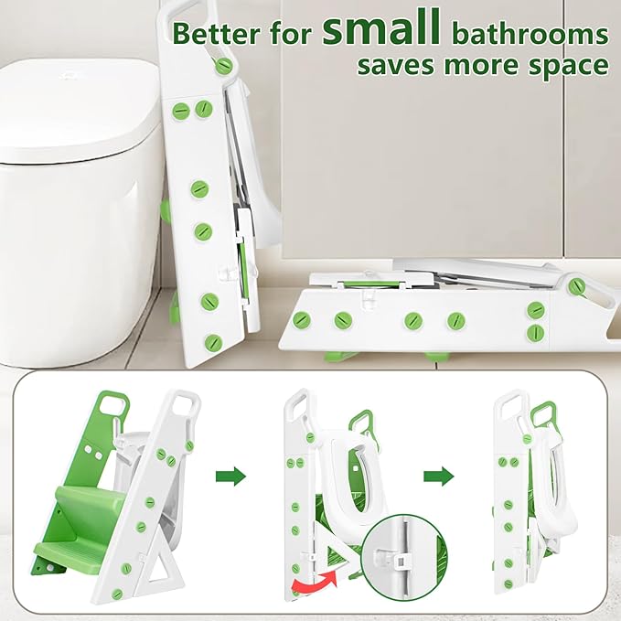 Easy Storage Potty Training Seat with Ladder, Adjustable Step and Toilet Seat Height, Easy-Grip Handles for Climbing, Foldable Portable Toddler Toilet Trainer, Perfect for Small Bathrooms