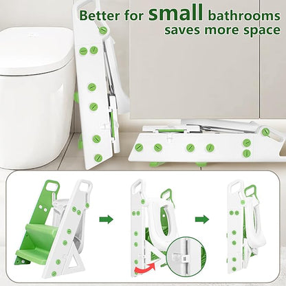 Easy Storage Potty Training Seat with Ladder, Adjustable Step and Toilet Seat Height, Easy-Grip Handles for Climbing, Foldable Portable Toddler Toilet Trainer, Perfect for Small Bathrooms