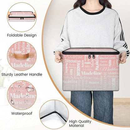 Custom Storage Basket with Name, Personalized Storage Bins with Zipper Lid, Foldable Fabric Storage Box Large capacity with Handle Pink White