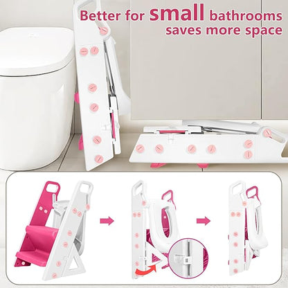 Easy Storage Potty Training Seat with Ladder, Adjustable Step and Toilet Seat Height, Easy-Grip Handles for Climbing, Foldable Portable Toddler Toilet Trainer, Perfect for Small Bathrooms