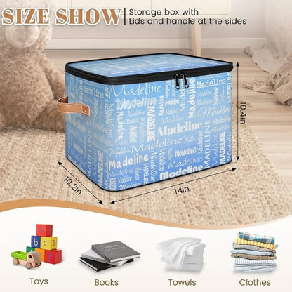 Custom Storage Basket with Name, Personalized Storage Bins with Zipper Lid, Foldable Fabric Storage Box Large capacity with Handle Blue