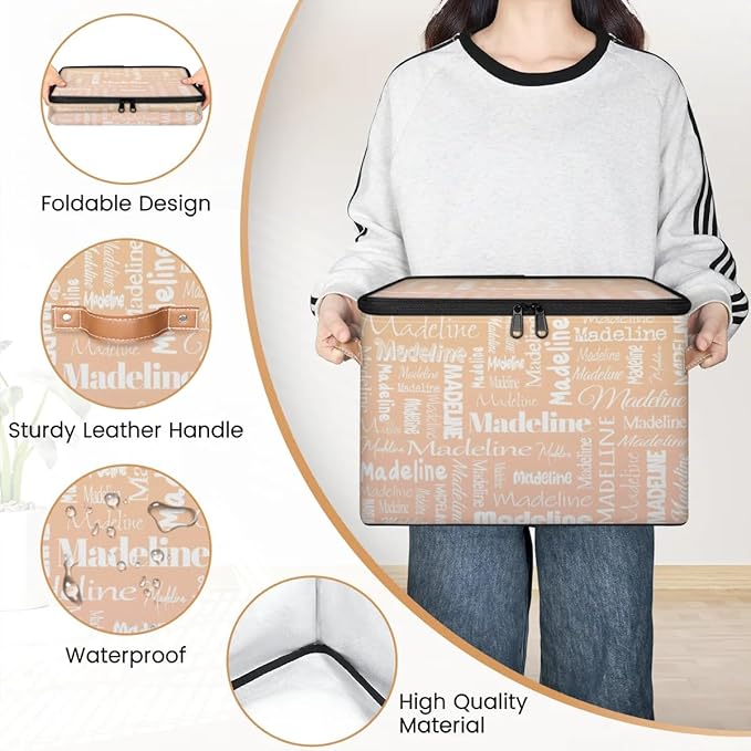 Custom Storage Basket with Name, Personalized Storage Bins with Zipper Lid, Foldable Fabric Storage Box Large capacity with Handle Apricot