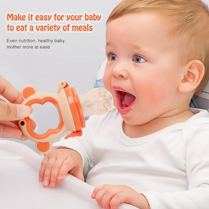 Baby Fresh Fruit Feeder Pacifier, 2 Pack HAOBAOBEI Baby Teether for Chewing, Freezable Infant Teething Toy, Teething Relief, Food Feeder with 4 Silicone Pouch, BPA Free - Monkey (Orange & Blue)