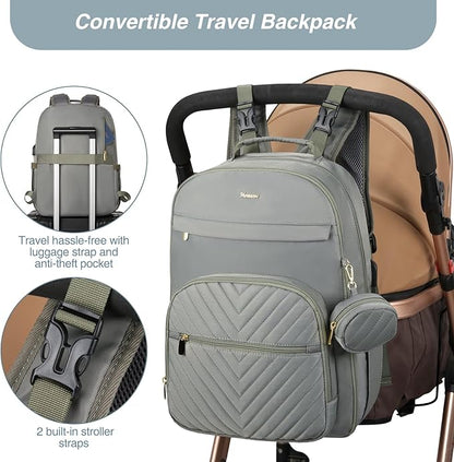MOMUVO Diaper Bag Backpack, Quilted Baby Bag with Changing Pad & Stroller Straps & Pacifier Case, Multifunction Waterproof Travel Diaper Bags, Unisex, Olive Green