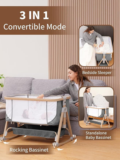 Baby Bassinet Bedside Sleeper - 3 in 1 Bassinets with Waterproof Sheets, Soft Mattress and Breathable Mesh, Adjustable Height Bedside Bassinet for Baby with Wheels, Storage Basket, Gray