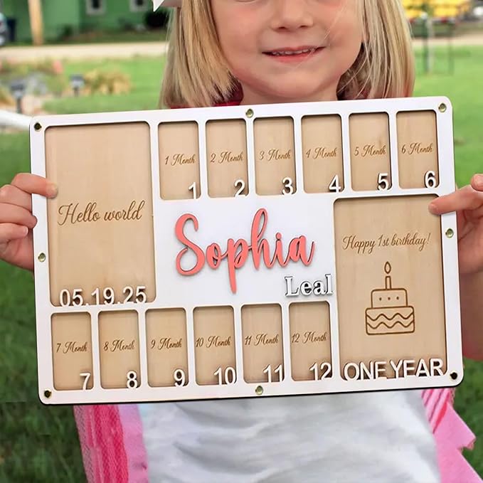 Personalized My First Year Photo Frame | Hello World To Birthday 12 Months Picture Frame For Baby First Year | Displays Two 4x6 Photo and Twelve 2x3 Pictures | Birthday Party Memory Keepsake
