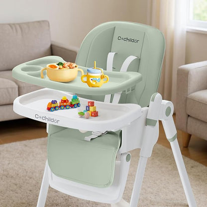 3-in-1 Foldable High Chair for Babies & Toddlers – Adjustable Height, Reclining Seat, 5-Point Safety Harness, Removable Tray, Lockable Wheels, Washable Cushion – Portable & Easy Clean, Green