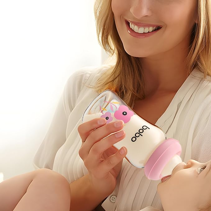 YOHKOH Natural Glass Baby Bottle with Natural Response Nipple, Newborn Anti-Colic Baby Bottles, Wide Neck Mushroom Cap Baby Bottle, Clear ((5.4oz (Pack of 4), Red-1)