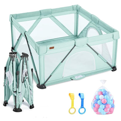 Baby Playpen Foldable, Playard for Babies and Toddlers, Portable Playpen Activity Center with 50 Balls+2 Handles for Travel, Indoor & Outdoor Play Pen with Mesh 50''x50''