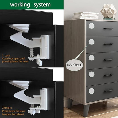 20 Pack Cabinet Locks Child Safety Latches - Vmaisi Baby Proofing Cabinets Drawers Lock - Upgraded Stronger Adhesive Easy Installation - No Drilling
