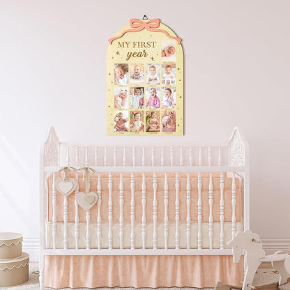 R HORSE My First Year Photo Frame Board, 3D Coquette Pink Bow Display Wood Board, Baby’s First Year 12 Months Milestone Sign 1st Birthday Frame Nursery Decor Keepsake Gift for Boy Girl
