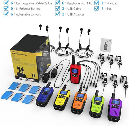Walkie Talkies for Adults Long Range Rechargeable with Earpiece NOAA Weather Alert, Multi-purpose 2 Way Radio 6 Pack for Team Work Senior Care Kid Adventure Family Camping Hiking Skiing Cruise