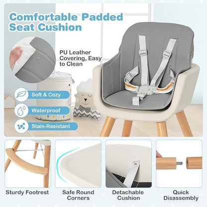HONEY JOY High Chair, 3-in-1 Eat & Grow Wooden Highchair/Toddler Chair with Removable Tray, 5-Point Harness, PU Cushion and Footrest for Baby, High Chair for Babies and Toddlers(Gray)