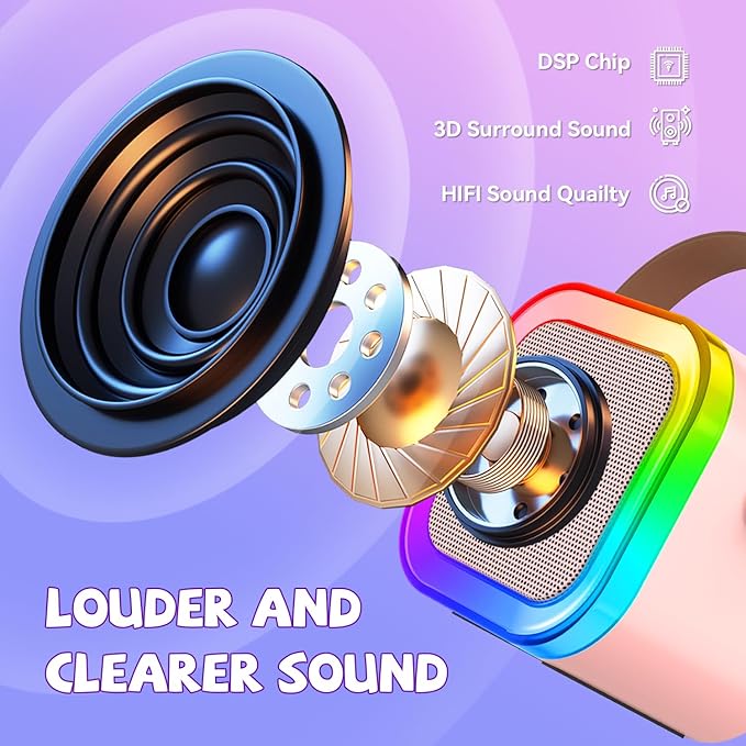 Mini Karaoke Machine for Kids Girls Boys - Birthday Gifts for Ages 4 5 6 7 8+ Year Old - 2025 New est - Portable Bluetooth Speaker with 2 Wireless Microphone - Kids' Instrument Accessories - Pink