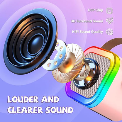 Mini Karaoke Machine for Kids Girls Boys - Birthday Gifts for Ages 4 5 6 7 8+ Year Old - 2025 New est - Portable Bluetooth Speaker with 2 Wireless Microphone - Kids' Instrument Accessories - Pink