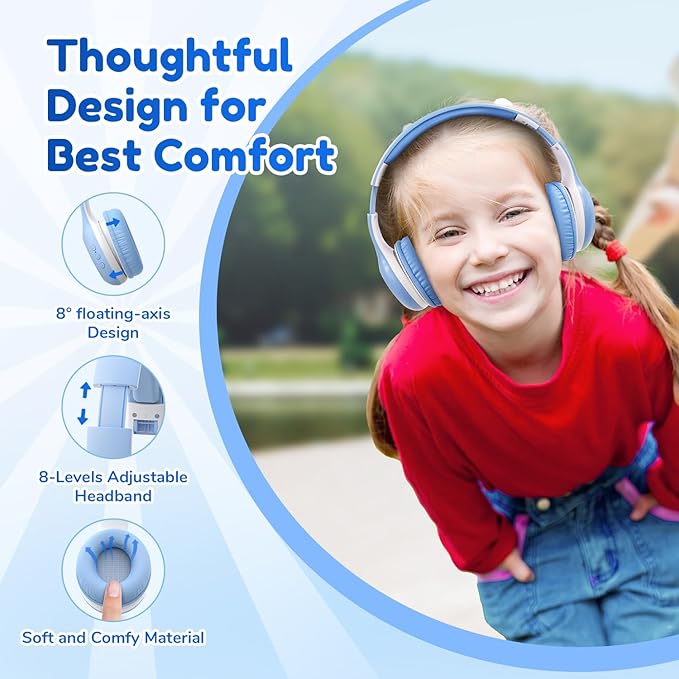 EarFun K2 Kids Bluetooth Headphones, Kids Headphones with Volume Limited, 40H Playtime, Built-in Mic, Stereo Sound, Foldable Over-Ear Headphone for School/Travel/iPad/Tablet, Sky Blue