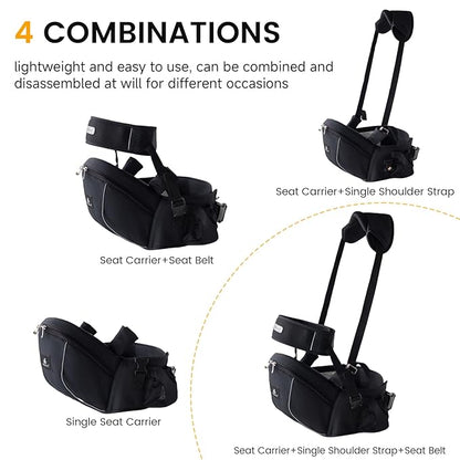 Ergonomic Baby Hip Carrier-Baby Waist Stool with Adjustable Strap and Chest Harness Huge Storage Enhanced Lumbar, Carrier for Newborn to Toddler Black