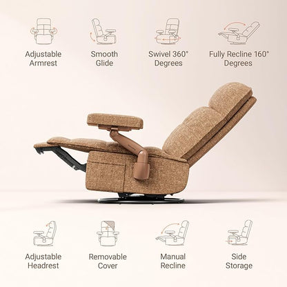 Nursery Swivel Glider Recliner Chair with Adjustable Armrests & Headrest, Rocking Chair Nursery with Removable Cover for Breastfeeding, FSC & Oeko-TEX Certified, Brown