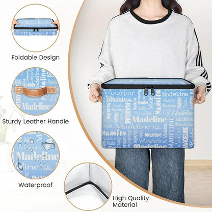 Custom Storage Basket with Name, Personalized Storage Bins with Zipper Lid, Foldable Fabric Storage Box Large capacity with Handle Blue