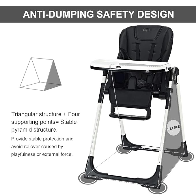 INFANS High Chair for Babies & Toddlers, Foldable Highchair with Multiple Adjustable Backrest, Footrest and Seat Height, Removable Tray, Detachable PU Leather Cushion, Built-in Rear Wheels (Black)