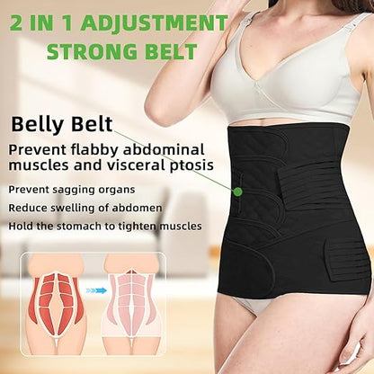 2 in 1 Postpartum Belly Band Wrap Black, C-Section Support Belt Medium, Post Partum Support Recovery Waist/Pelvis Belt, Hysterectomy Belly Band Binder Girdle Stomach