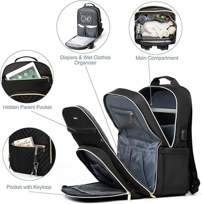 MOMUVO Diaper Bag Backpack, Quilted Baby Bag with Changing Pad & Stroller Straps & Pacifier Case, Large Travel Diaper Bags for Mom Dad, Black