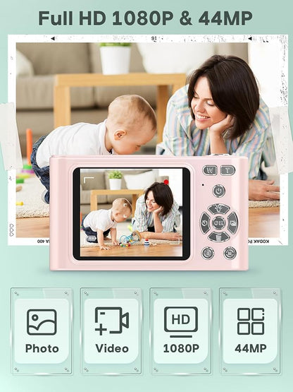 Digital Kids Camera 1080P Vlog Camera with 64GB, Lanyard, 16X Zoom Anti Shake, Card Reader 44MP Compact Portable Point Shoot Digicam for Kid Teen Girl Boy Christmas Halloween Thanksgiving(Pink)