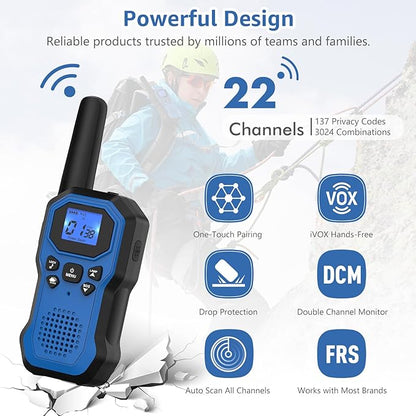 2 Way Radios for Adults Long Range Walkie Talkies for Kids Rechargeable 4 Pack, Camping Hiking Skiing Cruising Gear with Lamp, USB-C, SOS Siren, NOAA Alert, iVOX Hands-Free, One-Touch Pairing