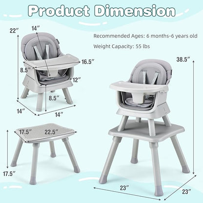 HONEY JOY 8 in 1 Baby High Chair, Convertible Highchair for Babies and Toddlers/Table and Chair Set/Building Block Table/Booster Seat/Stool/Toddler Chair with Safety Harness (Gray)