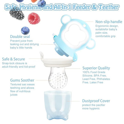 Baby Fruit Food Feeder - Silicone Nibble Tray Combo - Breastmilk Popsicle Mold for Cooling Relief, BPA Free Mesh Feeder for Infant Self Feeding (Monkey Blue + Pineapple)