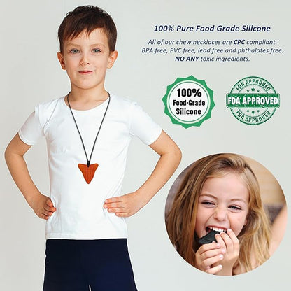 Chewy Necklace Sensory for Kids and Adults, Shark Tooth Silicone Autism Chew Toys Sensory for Boys Girls with ADHD, Anxiety, SPD, 3 Pack Chewing Necklace - BPA Free