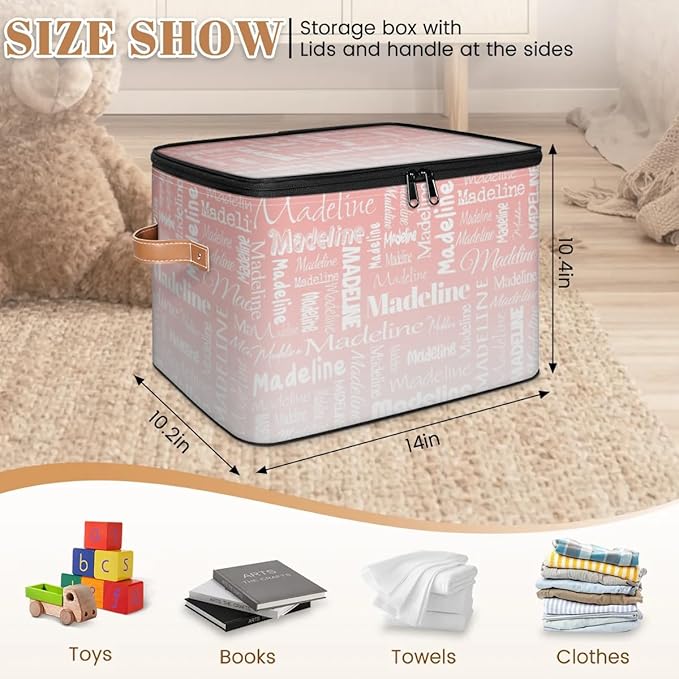 Custom Storage Basket with Name, Personalized Storage Bins with Zipper Lid, Foldable Fabric Storage Box Large capacity with Handle Pink White