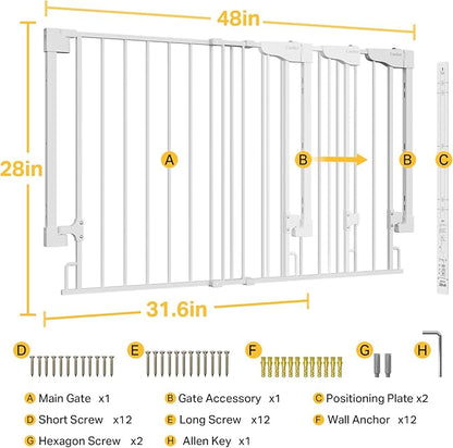 Cumbor 31.6-48" No Bottom Bar Baby Gate for Stairs, 2-in-1 Auto Close Dog Gate Indoor, Hardware Mounted Pet Gate for Doorways with Large Walk Thru Door, Child-Proof Safety Gate for Kids (White)