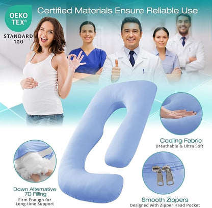 Sasttie Pregnancy Pillows for Sleeping, U Shaped Cooling Full Body Pillow with Removable Cover, Pregnant Women Must Haves, Maternity Essential, Light Blue
